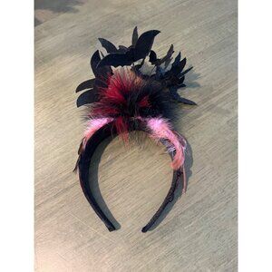 Black Bat Fascinator Headband With Red & Black Feathers Halloween Costume Access